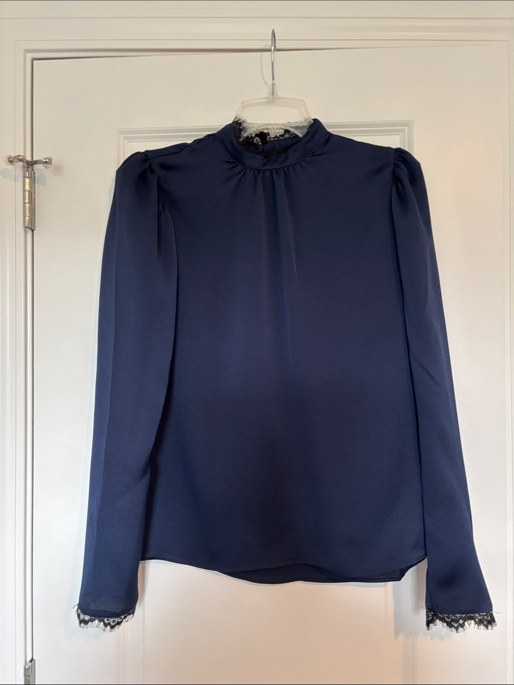 NWT Express Navy High-Neck Long-Sleeve Blouse with Lace Trim